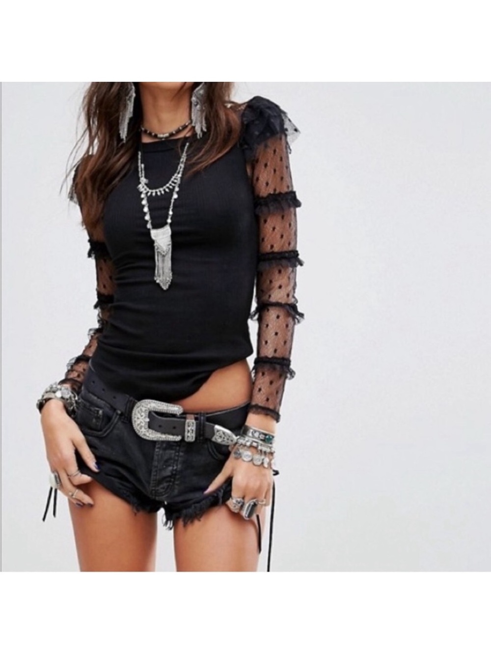 Free People Black Sheer Polka Dot Ruffle Long Sleeve Top